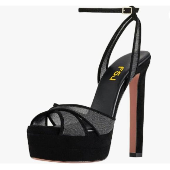 FSJ Black Mesh Peep Toe Platform Sandal Ankle Strap Block High Heel Buckled Shoe - Picture 1 of 8